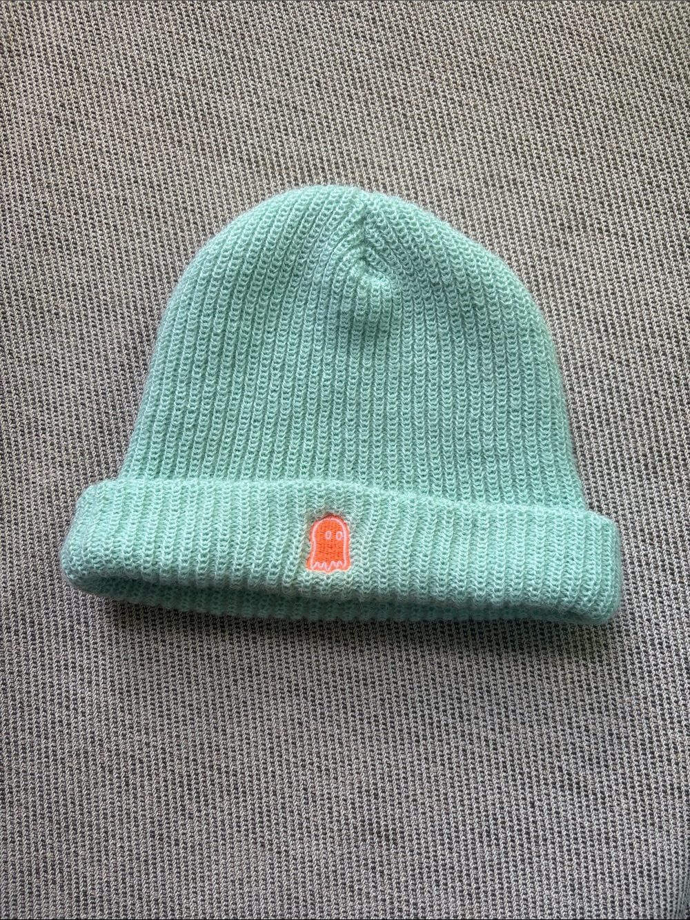 LONELY GHOST Mint Knit Beanie with Orange Ghost Patch